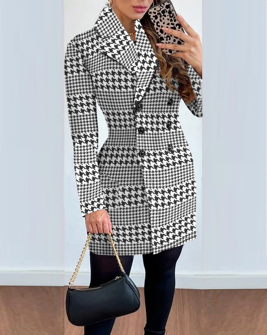 LVSANW Autumn Winter Fashion Plaid Woolen Coat Dress Women Causal Office Ladies V-neck Double Breasted Slim Woolen Coat Dress Women