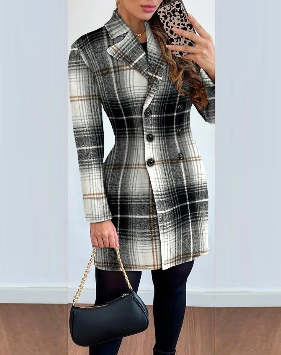 LVSANW Autumn Winter Fashion Plaid Woolen Coat Dress Women Causal Office Ladies V-neck Double Breasted Slim Woolen Coat Dress Women