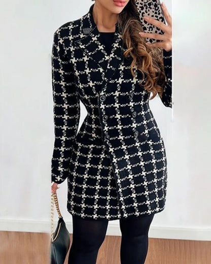 LVSANW Autumn Winter Fashion Plaid Woolen Coat Dress Women Causal Office Ladies V-neck Double Breasted Slim Woolen Coat Dress Women