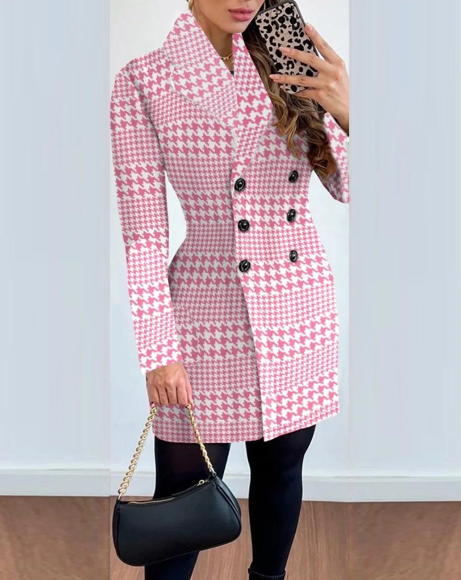 LVSANW Autumn Winter Fashion Plaid Woolen Coat Dress Women Causal Office Ladies V-neck Double Breasted Slim Woolen Coat Dress Women