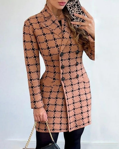 LVSANW Autumn Winter Fashion Plaid Woolen Coat Dress Women Causal Office Ladies V-neck Double Breasted Slim Woolen Coat Dress Women