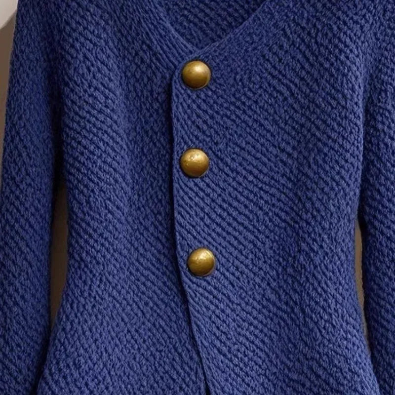 LVSANW Autumn Winter Fashion Solid Chic Button Thick Knitter Cardigan Women's Clothing Elegant Wool Slim V-neck Commute Blue Sweaters