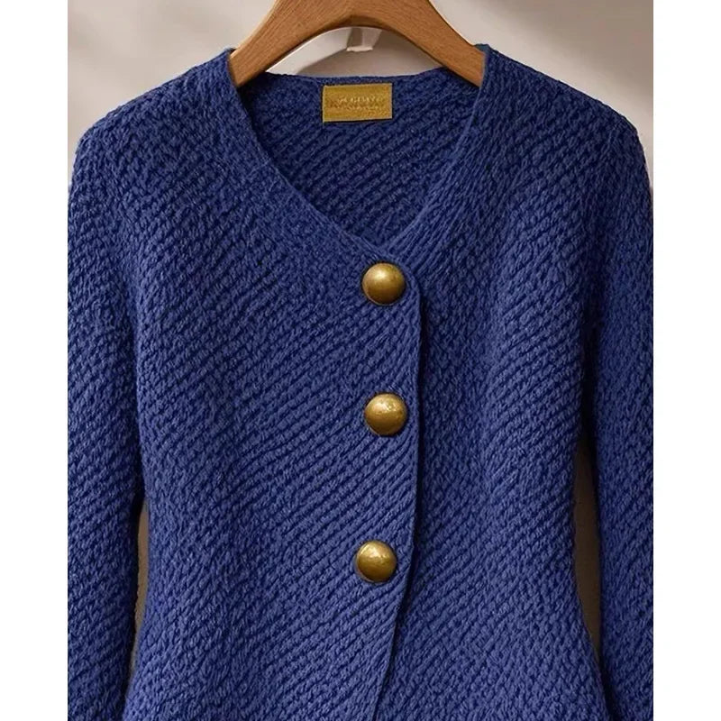 LVSANW Autumn Winter Fashion Solid Chic Button Thick Knitter Cardigan Women's Clothing Elegant Wool Slim V-neck Commute Blue Sweaters