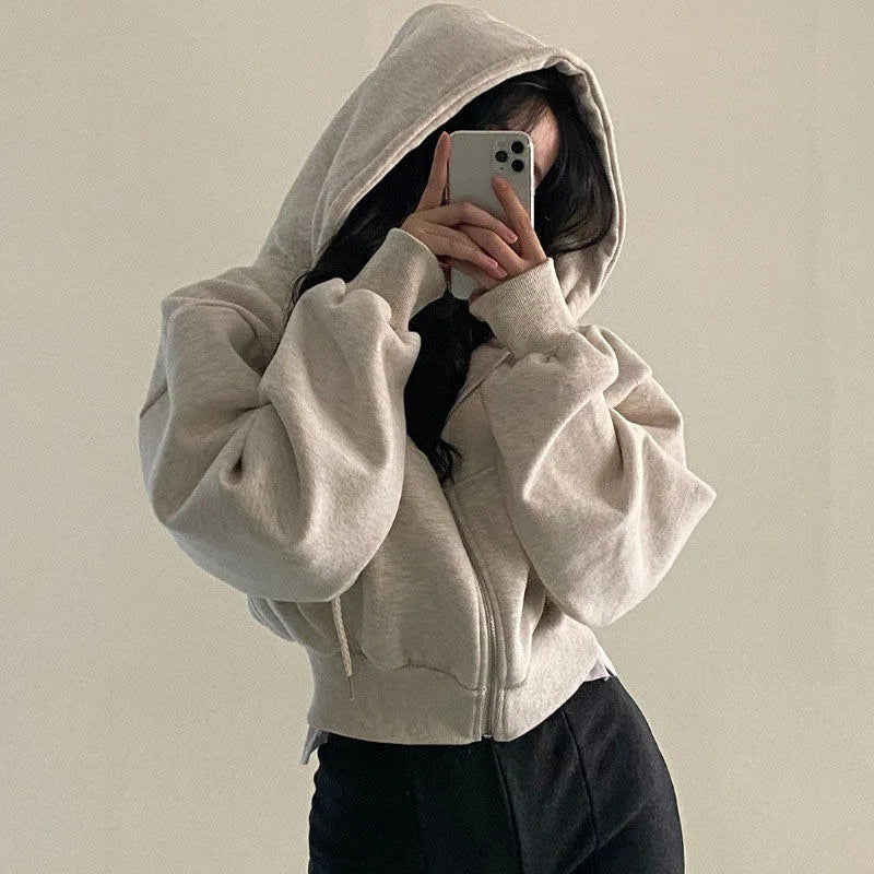 LVSANW Autumn Winter Hooded Hoodies Women Casual Streetwear Zip Up Sweatshirts Long Sleeve Jackets Harajuku Y2K Crop Tops Hood Shirt