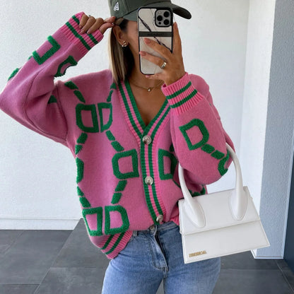 LVSANW Autumn Winter Jacquard Knitted Coat Women Fashion V-neck Long Sleeve Single Breasted Knitting Cardigan Coats Female Streetwear