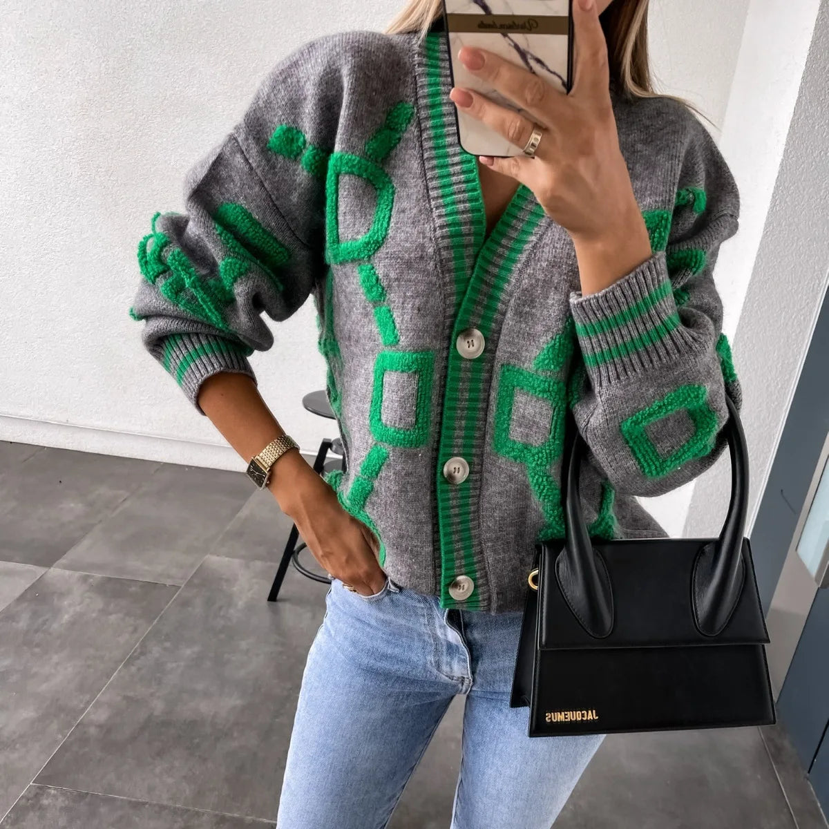 LVSANW Autumn Winter Jacquard Knitted Coat Women Fashion V-neck Long Sleeve Single Breasted Knitting Cardigan Coats Female Streetwear