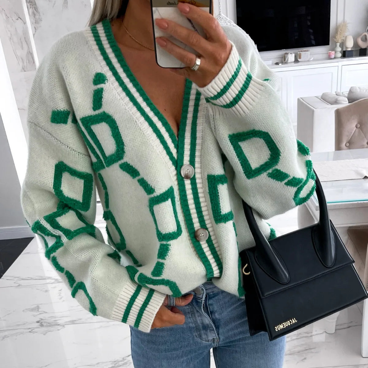 LVSANW Autumn Winter Jacquard Knitted Coat Women Fashion V-neck Long Sleeve Single Breasted Knitting Cardigan Coats Female Streetwear