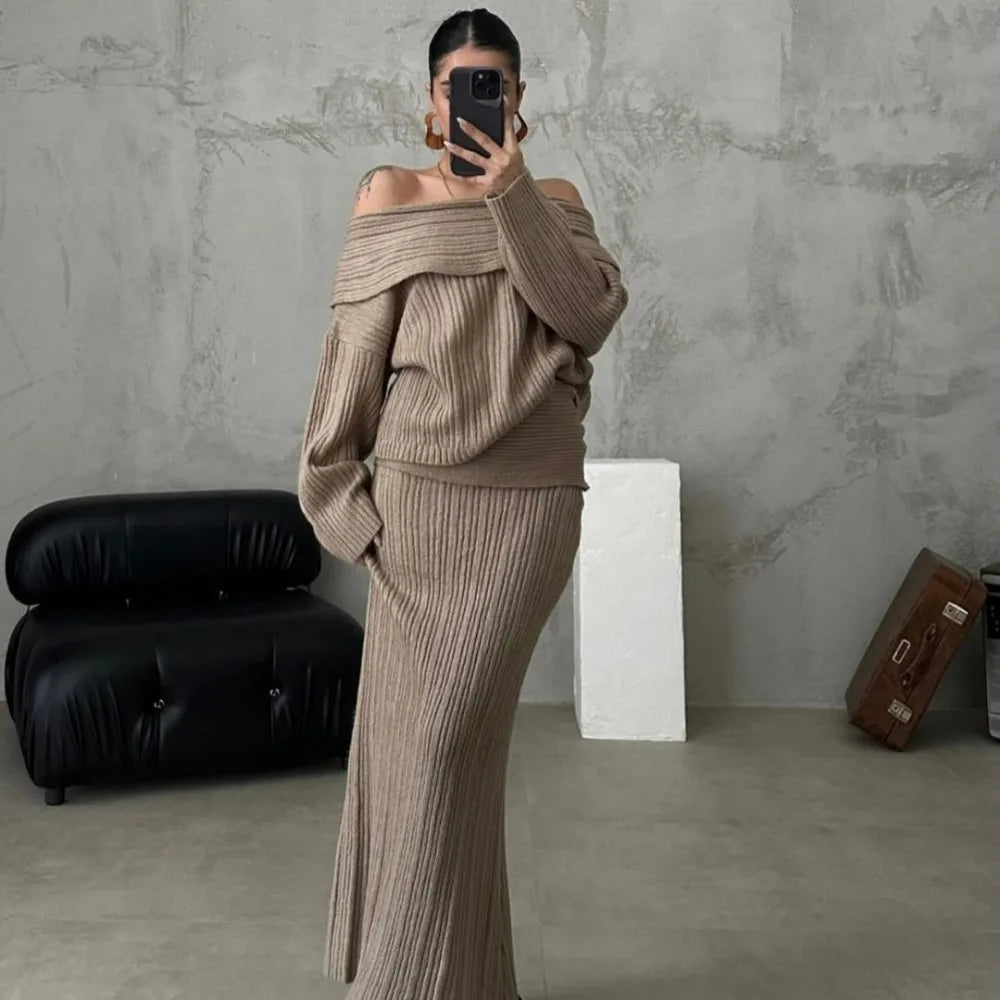 LVSANW Autumn Winter Knitted Skirt Sets Women Sexy Off The Shoulder Sweater and Maxi Skirt Outfits Elegant Solid Two Piece Set 2025