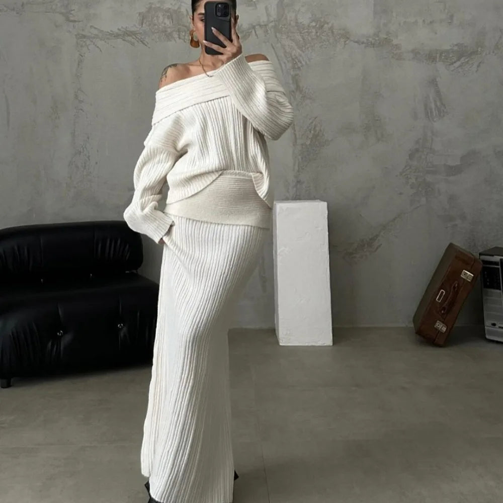 LVSANW Autumn Winter Knitted Skirt Sets Women Sexy Off The Shoulder Sweater and Maxi Skirt Outfits Elegant Solid Two Piece Set 2025