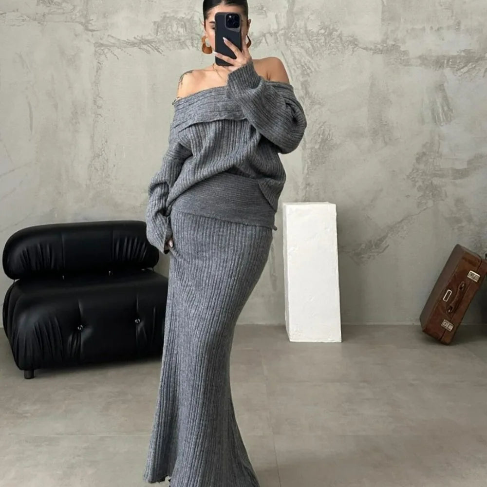 LVSANW Autumn Winter Knitted Skirt Sets Women Sexy Off The Shoulder Sweater and Maxi Skirt Outfits Elegant Solid Two Piece Set 2025