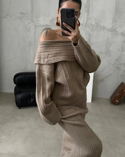 LVSANW Autumn Winter Knitted Skirt Sets Women Sexy Off The Shoulder Sweater and Maxi Skirt Outfits Elegant Solid Two Piece Set 2025