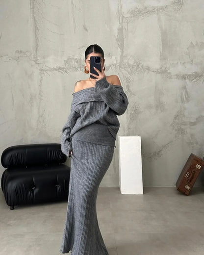 LVSANW Autumn Winter Knitted Skirt Sets Women Sexy Off The Shoulder Sweater and Maxi Skirt Outfits Elegant Solid Two Piece Set 2025