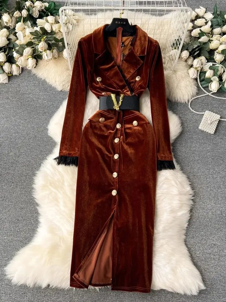 LVSANW Autumn Winter Luxury Velvet Dress Women Clothing Notched Lion Metal Buttons Split Letter Belt Thick Velour Long Party Vestidos