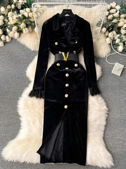 LVSANW Autumn Winter Luxury Velvet Dress Women Clothing Notched Lion Metal Buttons Split Letter Belt Thick Velour Long Party Vestidos