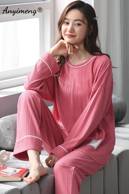 LVSANW Autumn Winter New Korean Kawaii Pajama Set for Women Pajamas Cotton Long Sleeve Big Pijamas Fashion Sleepwear Plus Size 4xl 5xl