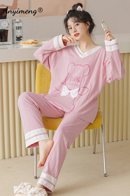 LVSANW Autumn Winter New Korean Kawaii Pajama Set for Women Pajamas Cotton Long Sleeve Big Pijamas Fashion Sleepwear Plus Size 4xl 5xl