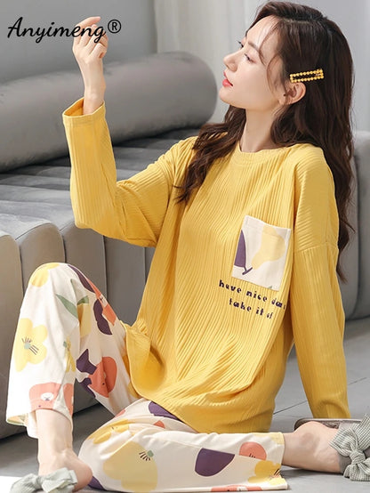 LVSANW Autumn Winter New Korean Kawaii Pajama Set for Women Pajamas Cotton Long Sleeve Big Pijamas Fashion Sleepwear Plus Size 4xl 5xl