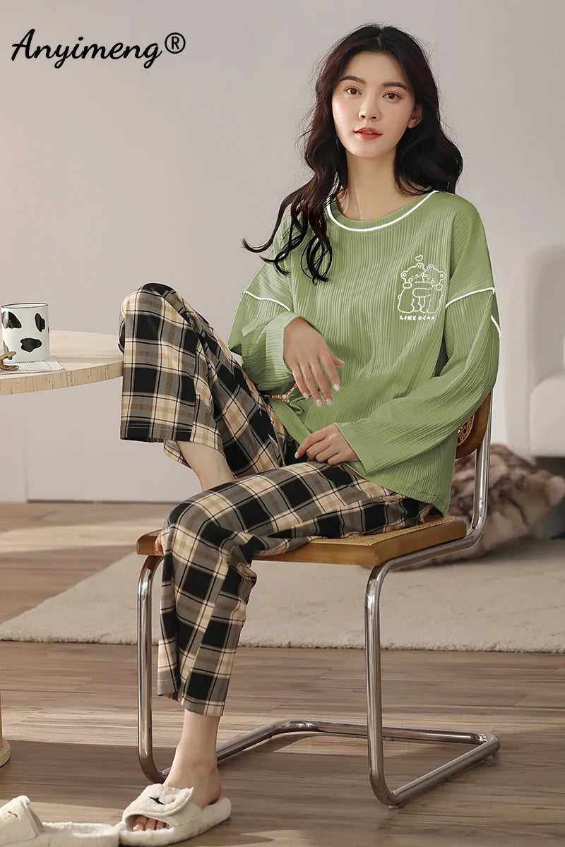 LVSANW Autumn Winter New Korean Kawaii Pajama Set for Women Pajamas Cotton Long Sleeve Big Pijamas Fashion Sleepwear Plus Size 4xl 5xl