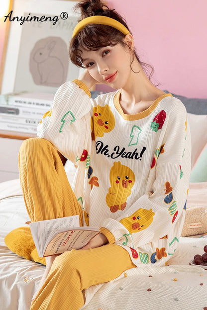 LVSANW Autumn Winter New Korean Kawaii Pajama Set for Women Pajamas Cotton Long Sleeve Big Pijamas Fashion Sleepwear Plus Size 4xl 5xl