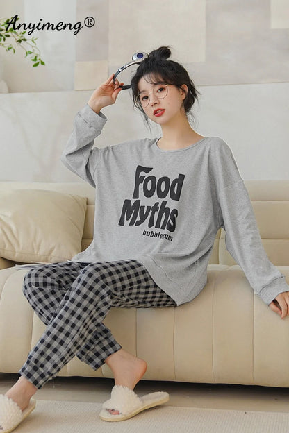 LVSANW Autumn Winter New Korean Kawaii Pajama Set for Women Pajamas Cotton Long Sleeve Big Pijamas Fashion Sleepwear Plus Size 4xl 5xl