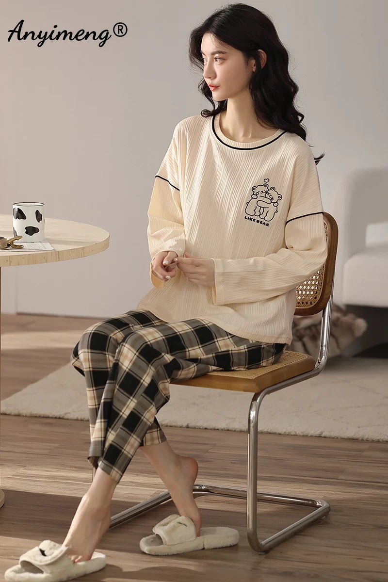 LVSANW Autumn Winter New Korean Kawaii Pajama Set for Women Pajamas Cotton Long Sleeve Big Pijamas Fashion Sleepwear Plus Size 4xl 5xl