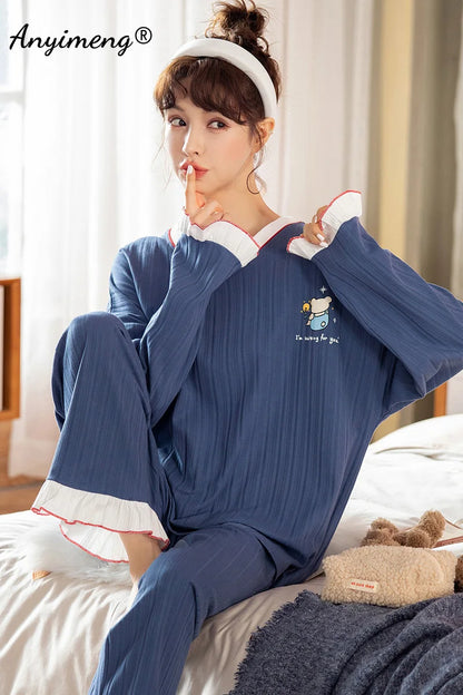 LVSANW Autumn Winter New Korean Kawaii Pajama Set for Women Pajamas Cotton Long Sleeve Big Pijamas Fashion Sleepwear Plus Size 4xl 5xl