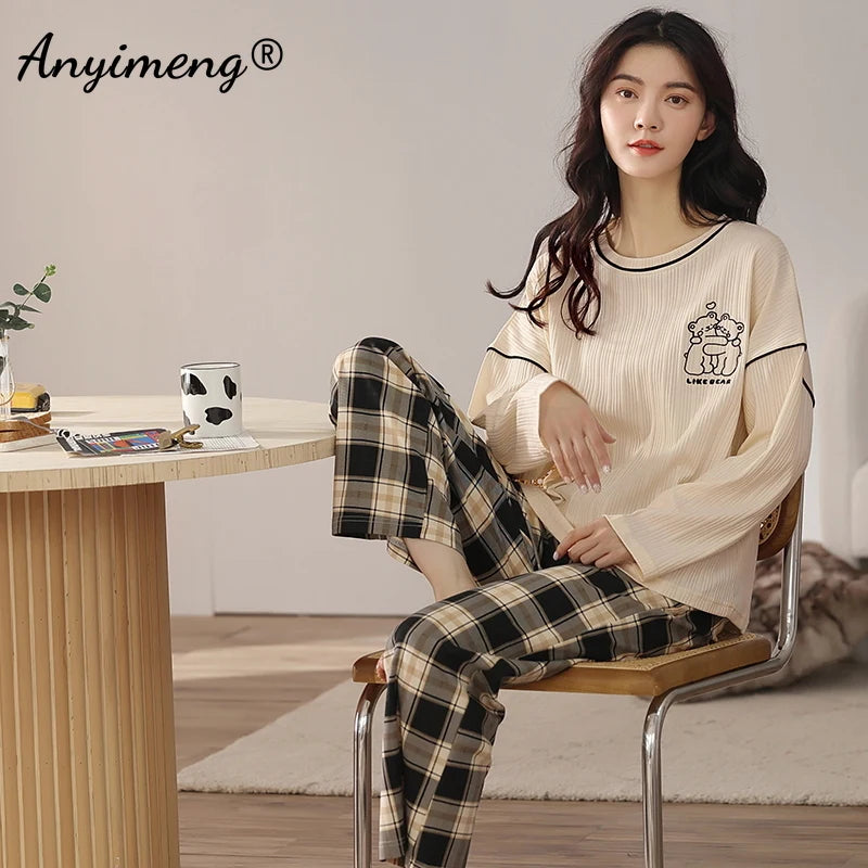 LVSANW Autumn Winter New Korean Kawaii Pajama Set for Women Pajamas Cotton Long Sleeve Big Pijamas Fashion Sleepwear Plus Size 4xl 5xl