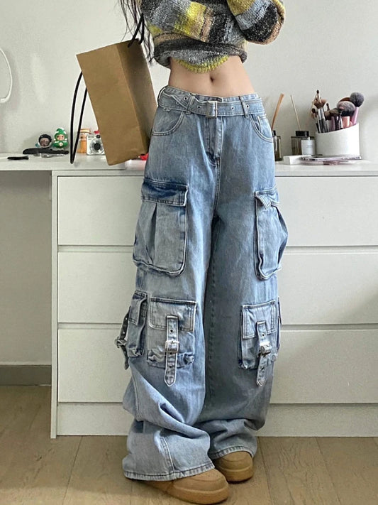 LVSANW Autumn Winter New Ladies Cargo Jeans American Street Style Baggy Cargo Pants Women Blue Multi-pocket Wide Leg Jeans for Women