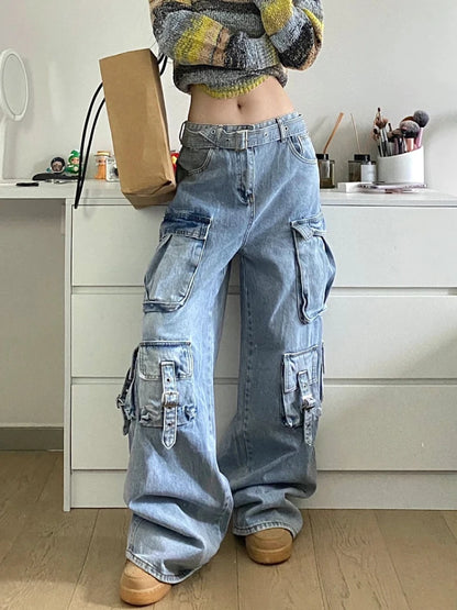 LVSANW Autumn Winter New Ladies Cargo Jeans American Street Style Baggy Cargo Pants Women Blue Multi-pocket Wide Leg Jeans for Women