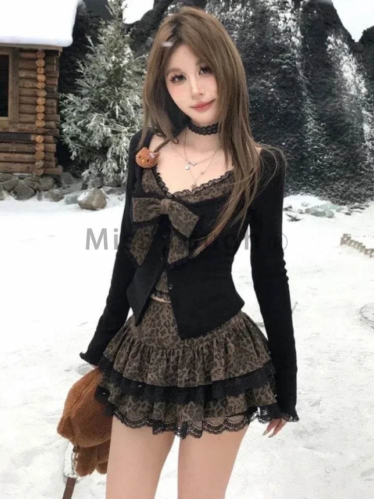 LVSANW Autumn Winter Sexy Leopard Print Skirt Suit Women Fake Two Piece Tops + Lace Cake Skirt Set Japanese Y2k Bow Sets 2000s Clothing