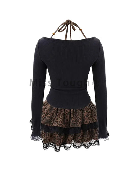 LVSANW Autumn Winter Sexy Leopard Print Skirt Suit Women Fake Two Piece Tops + Lace Cake Skirt Set Japanese Y2k Bow Sets 2000s Clothing