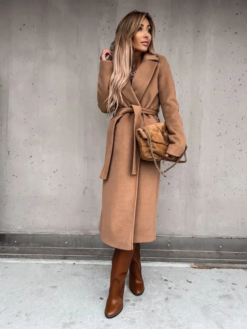 LVSANW Autumn Winter V-neck Button Warm Long Women Coat with Belt Casual Elegant Solid Color Female Windbreakers Overcoat Simplicity