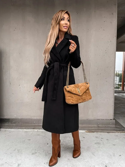 LVSANW Autumn Winter V-neck Button Warm Long Women Coat with Belt Casual Elegant Solid Color Female Windbreakers Overcoat Simplicity