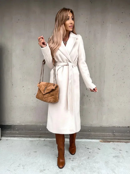 LVSANW Autumn Winter V-neck Button Warm Long Women Coat with Belt Casual Elegant Solid Color Female Windbreakers Overcoat Simplicity