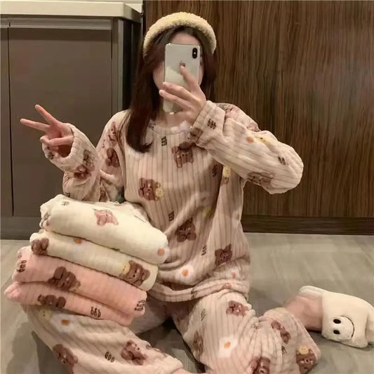 LVSANW Autumn Winter Warm Flannel Fleecing Women Pyjamas Sets Thick Coral Velvet Long Sleeve Cartoon Sleepwear Thin Flannel Pajamas Set