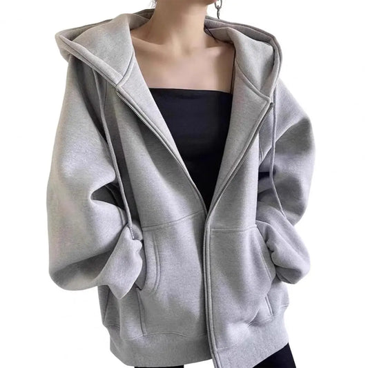 LVSANW Autumn Winter Warm Long Gray/Black Jacket With Hood Long Sleeve Big Pocket Zipper Jacket Coat Women Casual Outerwear Coat Tops