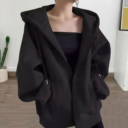 LVSANW Autumn Winter Warm Long Gray/Black Jacket With Hood Long Sleeve Big Pocket Zipper Jacket Coat Women Casual Outerwear Coat Tops