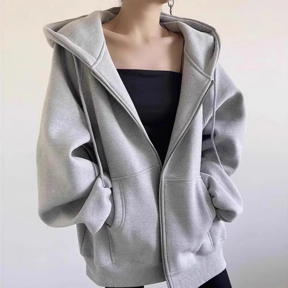 LVSANW Autumn Winter Warm Long Gray/Black Jacket With Hood Long Sleeve Big Pocket Zipper Jacket Coat Women Casual Outerwear Coat Tops