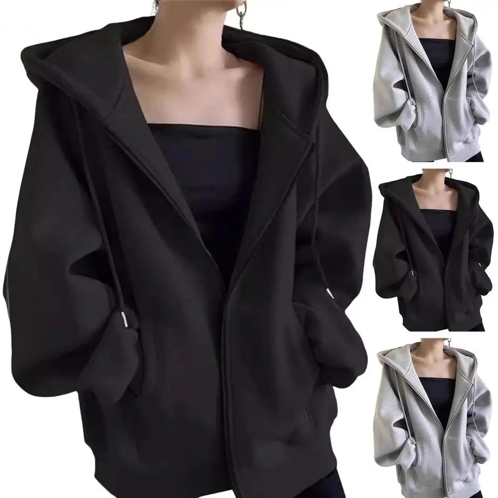 LVSANW Autumn Winter Warm Long Gray/Black Jacket With Hood Long Sleeve Big Pocket Zipper Jacket Coat Women Casual Outerwear Coat Tops