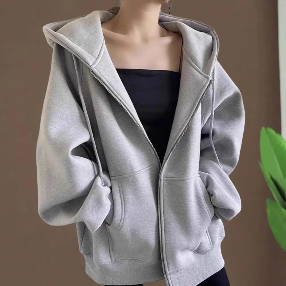 LVSANW Autumn Winter Warm Long Gray/Black Jacket With Hood Long Sleeve Big Pocket Zipper Jacket Coat Women Casual Outerwear Coat Tops