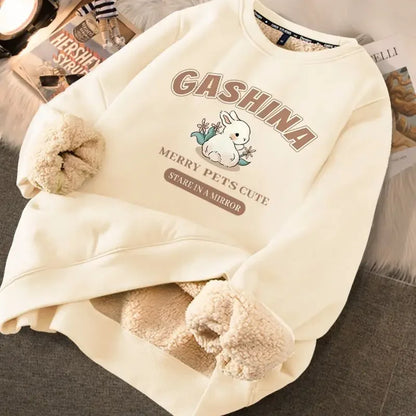 LVSANW Autumn Winter Women Casual Loose Sweatshirts Lambswool Thicken Thermal Sweatshirts Women Printed Cute Fleece Warm Hoodies 2025