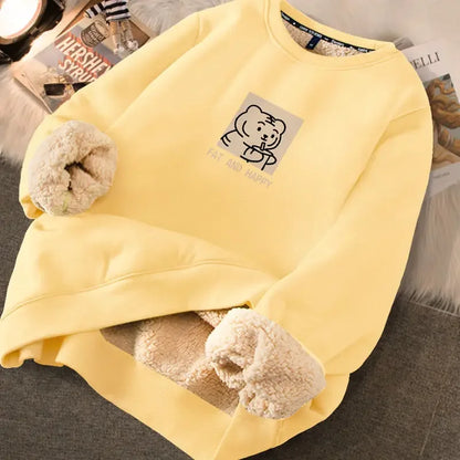 LVSANW Autumn Winter Women Casual Loose Sweatshirts Lambswool Thicken Thermal Sweatshirts Women Printed Cute Fleece Warm Hoodies 2025