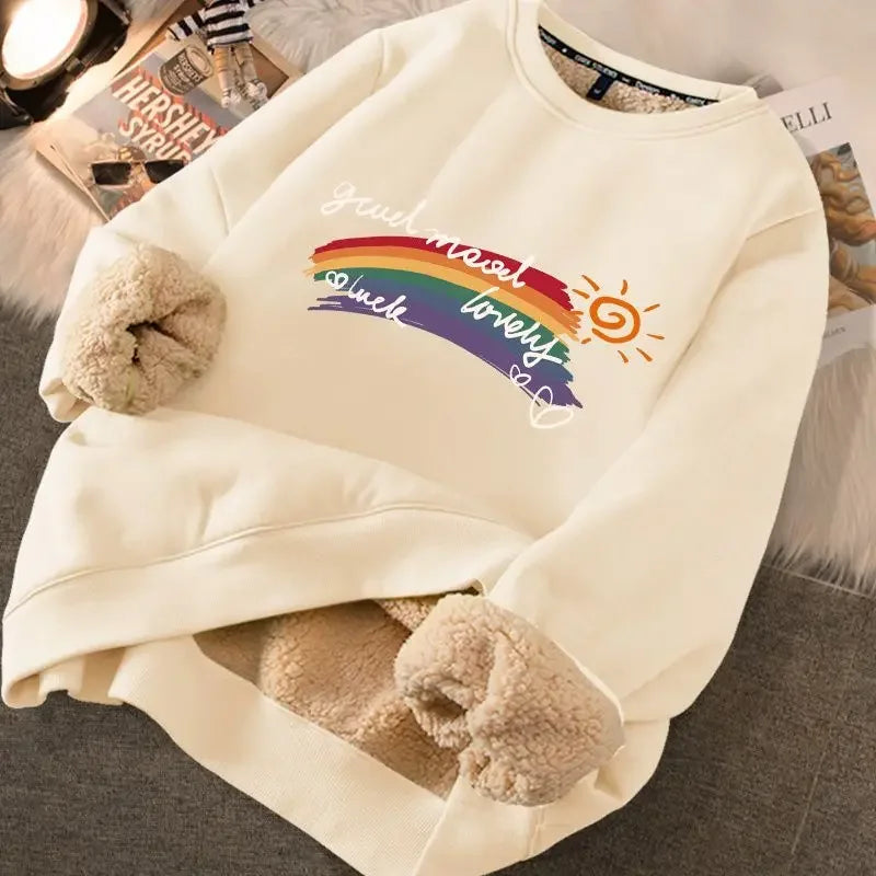 LVSANW Autumn Winter Women Casual Loose Sweatshirts Lambswool Thicken Thermal Sweatshirts Women Printed Cute Fleece Warm Hoodies 2025