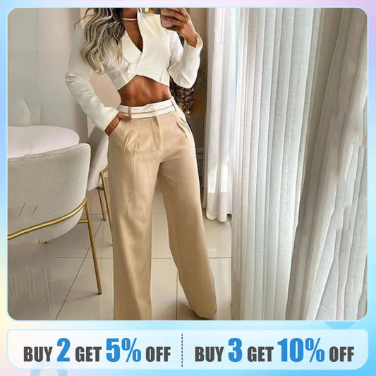 LVSANW Autumn Women Two Piece Set Office Fashion Solid Long Sleeve Lapel High Waist Short Top Loose With Pockets Pants Sets Streetwear