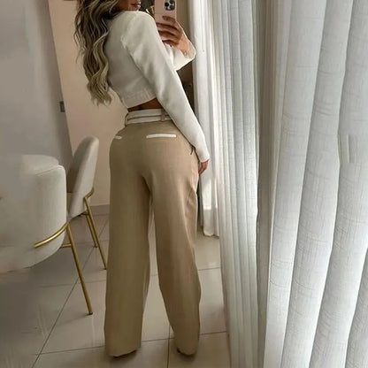 LVSANW Autumn Women Two Piece Set Office Fashion Solid Long Sleeve Lapel High Waist Short Top Loose With Pockets Pants Sets Streetwear