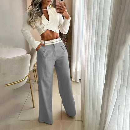 LVSANW Autumn Women Two Piece Set Office Fashion Solid Long Sleeve Lapel High Waist Short Top Loose With Pockets Pants Sets Streetwear