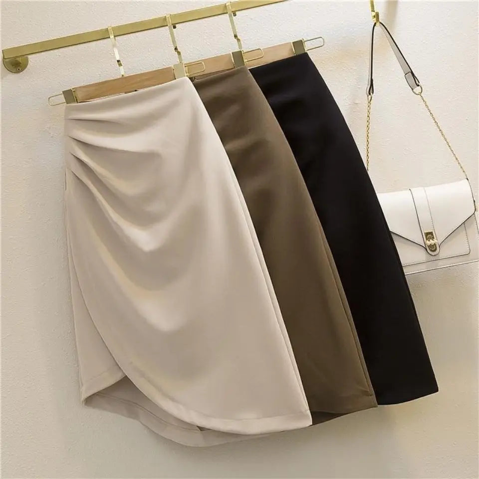 LVSANW Autumn Women's Irregular A-Line Skirt Folds Slim Sexy Elegant Office Lady's Skirt Solid All-Match Trend Korean Chic Zipper Split