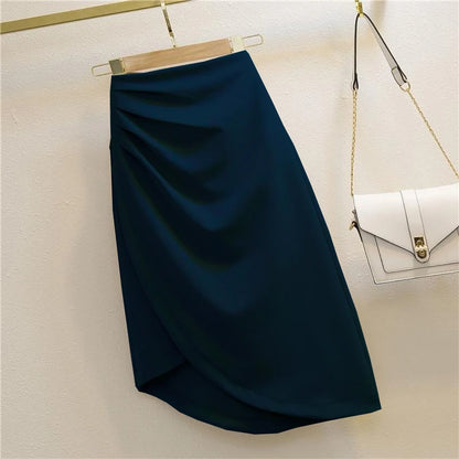 LVSANW Autumn Women's Irregular A-Line Skirt Folds Slim Sexy Elegant Office Lady's Skirt Solid All-Match Trend Korean Chic Zipper Split