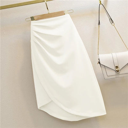 LVSANW Autumn Women's Irregular A-Line Skirt Folds Slim Sexy Elegant Office Lady's Skirt Solid All-Match Trend Korean Chic Zipper Split