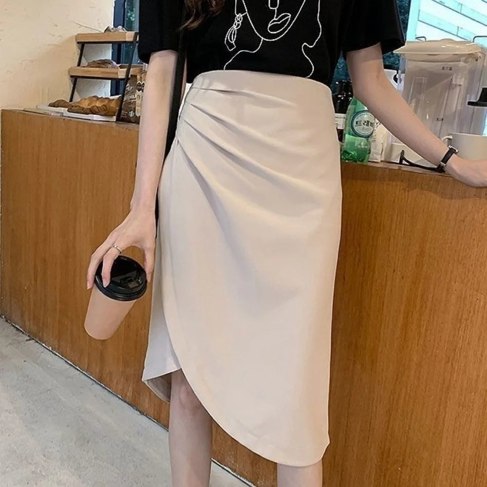 LVSANW Autumn Women's Irregular A-Line Skirt Folds Slim Sexy Elegant Office Lady's Skirt Solid All-Match Trend Korean Chic Zipper Split